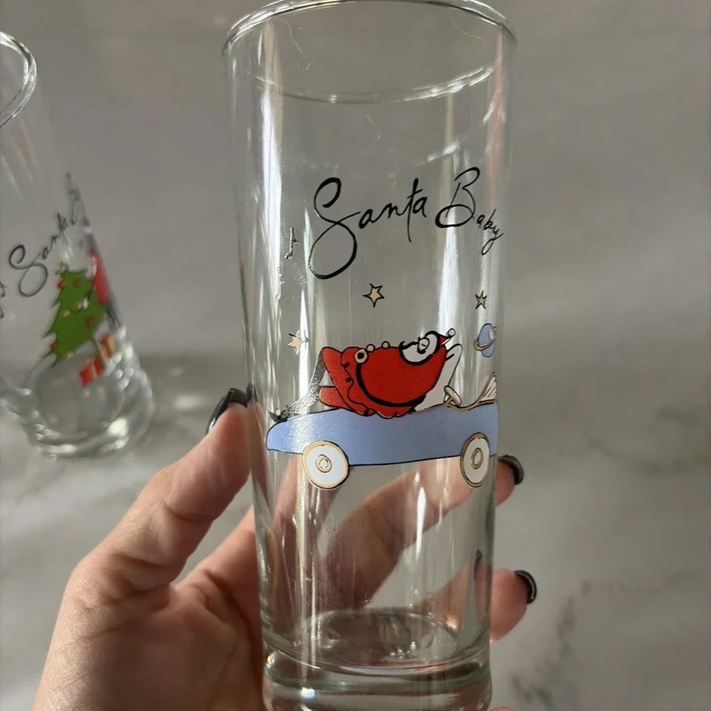 Pottery Barn Santa Baby Tall Drinking Glasses Set of 8 Retired Christmas Barewar